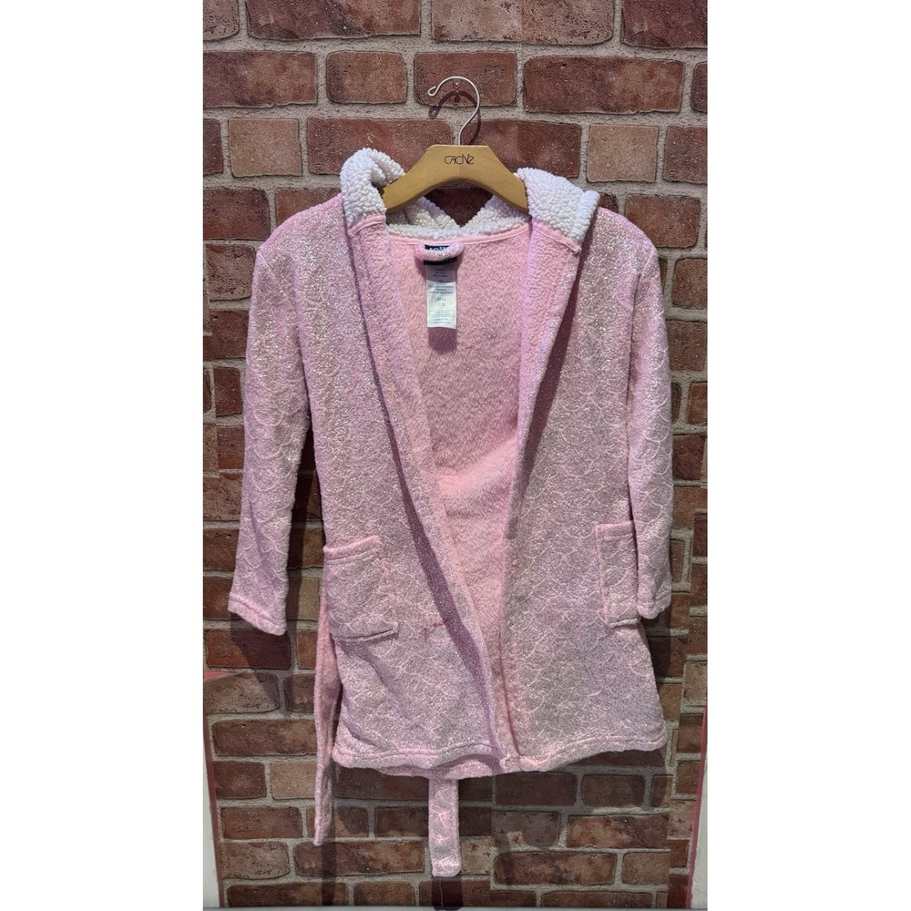 JELLI FISH Fleece Robe Girls Size M 7/8 Soft Pink Glitter W/ Hoodie‎ & Pockets